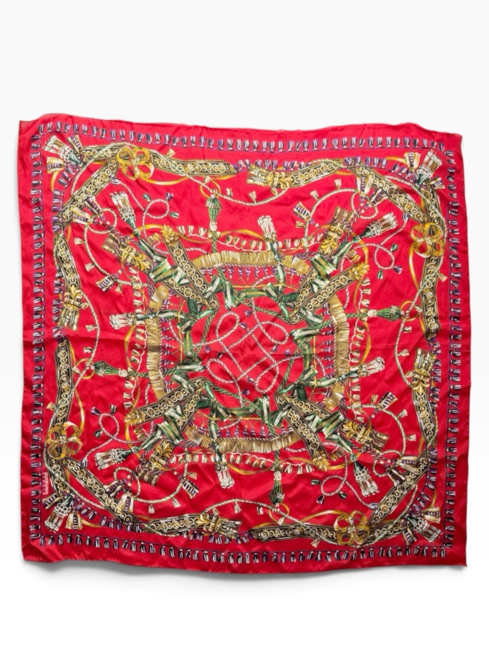Vintage Oscar de la Renta Studio Red Tassel Print Square Scarf 33x33 in.